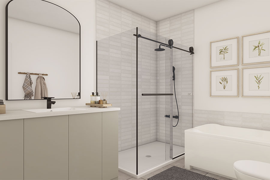 Salle de bain du projet locatif Station 2L, à Mirabel, dans les Laurentides.